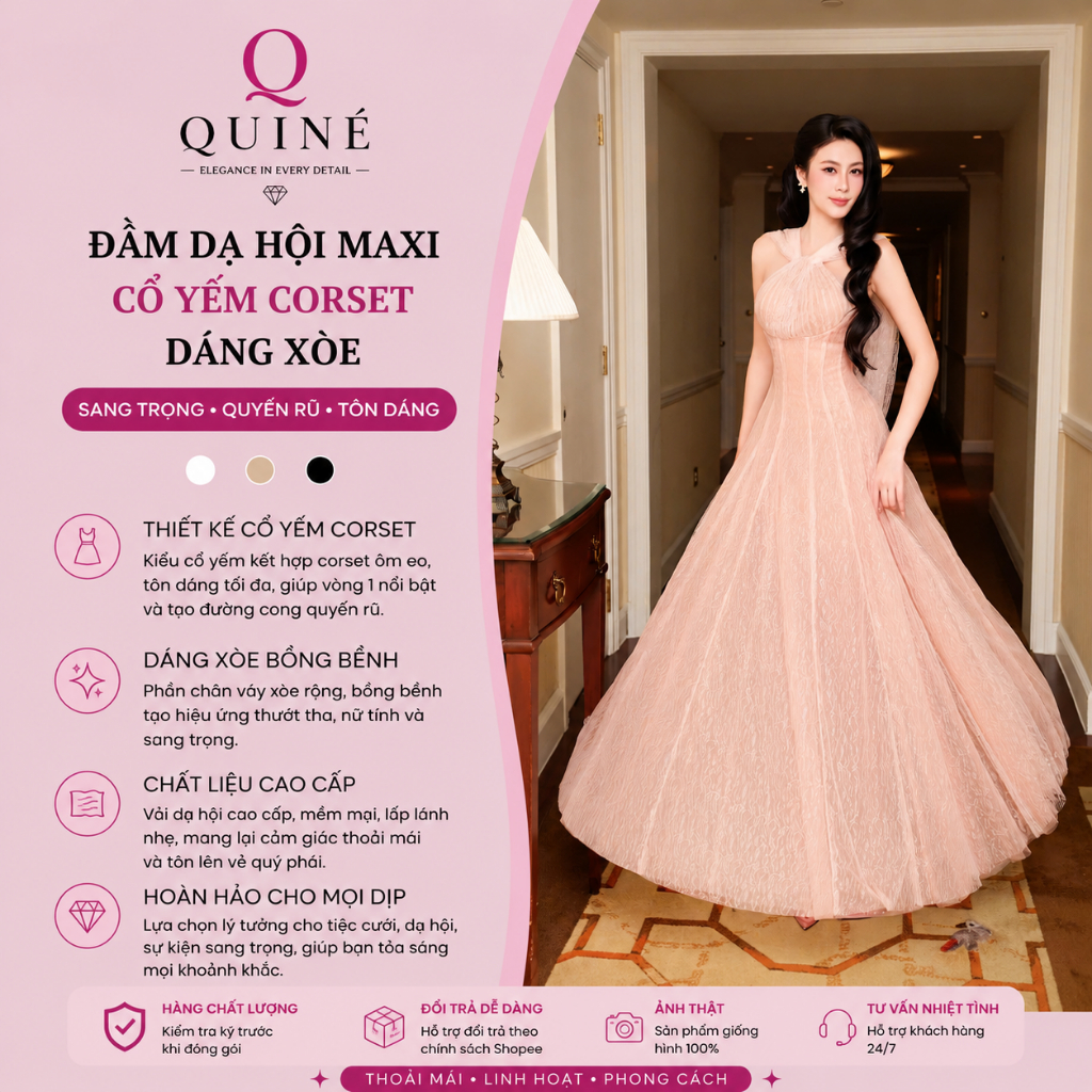 Đầm Dạ Hội Maxi Cổ Yếm Corset Dáng Xòe Công Chúa Cao Cấp - Váy Dự Tiệc Sang Trọng Tôn Dáng QUINÉ