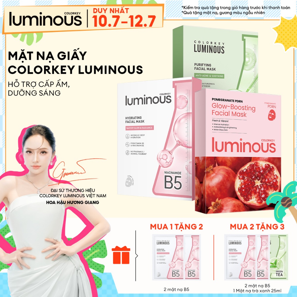 Mặt Nạ COLORKEY LUMINOUS | Vitamin B5/ Vitamin B3/ Trà xanh/ PDRN| Hỗ trợ dưỡng ẩm, sáng da, giảm dầu mụn| 10 miếng/Hộp