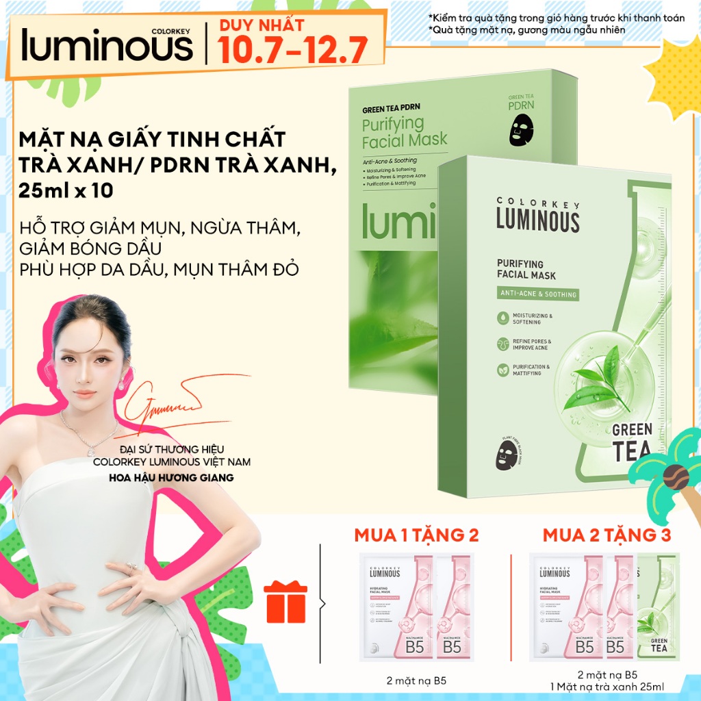 1 Hộp 10 Miếng Mặt nạ giấy trà xanh BHA| COLORKEY LUMINOUS| Hỗ Trợ Giảm Mụn, Giảm Sưng Đỏ (25ml x 10 Miếng)