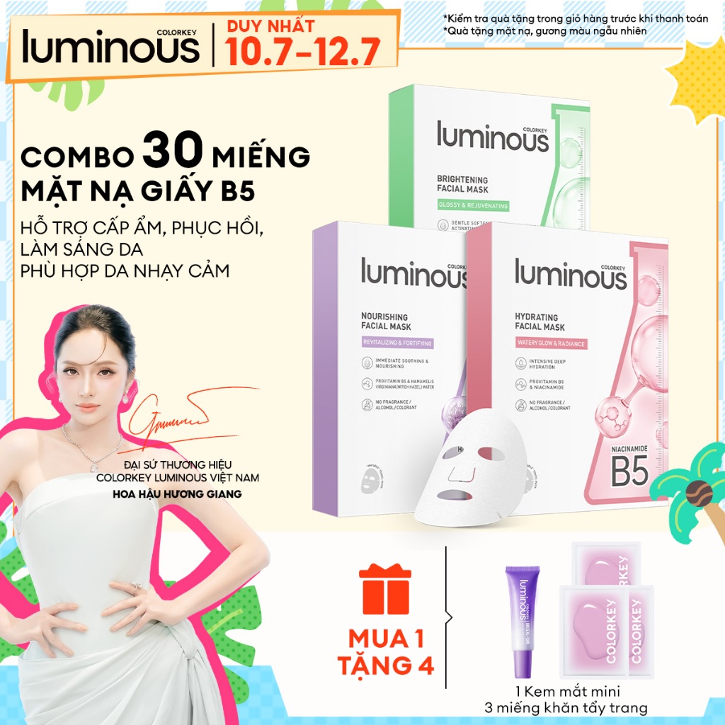 Mặt Nạ Giấy COLORKEY LUMINOUS | COMBO 3 HỘP| Tinh Chất Vitamin B5 Cấp Ẩm Cho Da Mịn Màng 25ml x 30 miếng