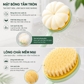 Cọ Chà Lưng 2 Trong 1 Lông Mềm Kèm Bông Tắm Tròn Tay Cầm Cán Dài