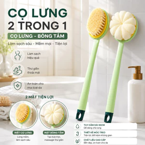 Cọ Chà Lưng 2 Trong 1 Lông Mềm Kèm Bông Tắm Tròn Tay Cầm Cán Dài