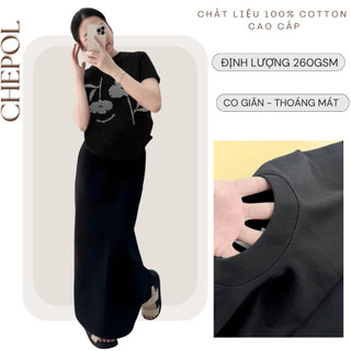Bộ Áo Phông Nữ Chepol Form Rộng, Cổ Tròn, Tay Ngắn, In Hoa, Chất Cotton Cao cấp (Áo Thun Đen + Chân Váy Suông)- CP_x4114