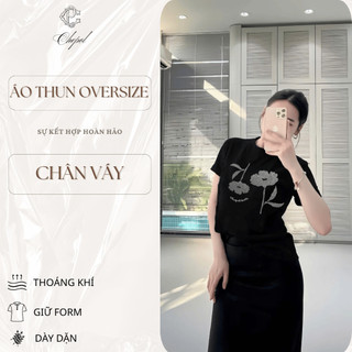 Bộ Áo Phông Nữ Chepol Form Rộng, Cổ Tròn, Tay Ngắn, In Hoa, Chất Cotton Cao cấp (Áo Thun Đen + Chân Váy Suông)- CP_x4114