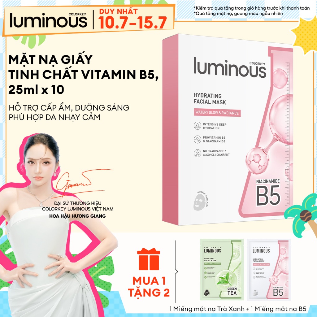 1 Hộp 10 Miếng Mặt Nạ Giấy COLORKEY LUMINOUS Vitamin B5 Hỗ Trợ Phục Hồi 25ml/miếng