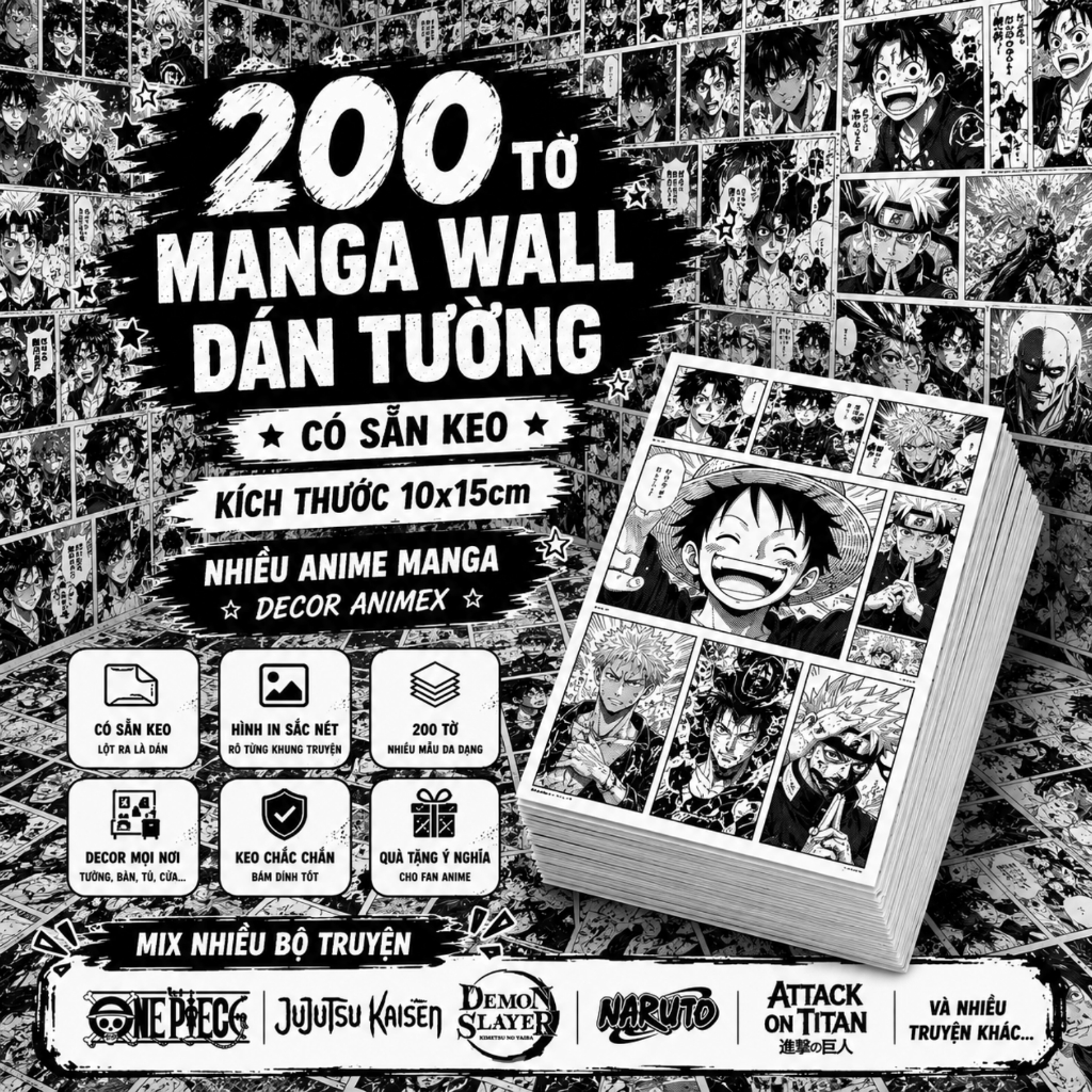 Set 200 Tờ Manga Wall Dán Tường Có Sẵn Keo Kích Thước 10x15cm Nhiều Anime Manga Decor AnimeX