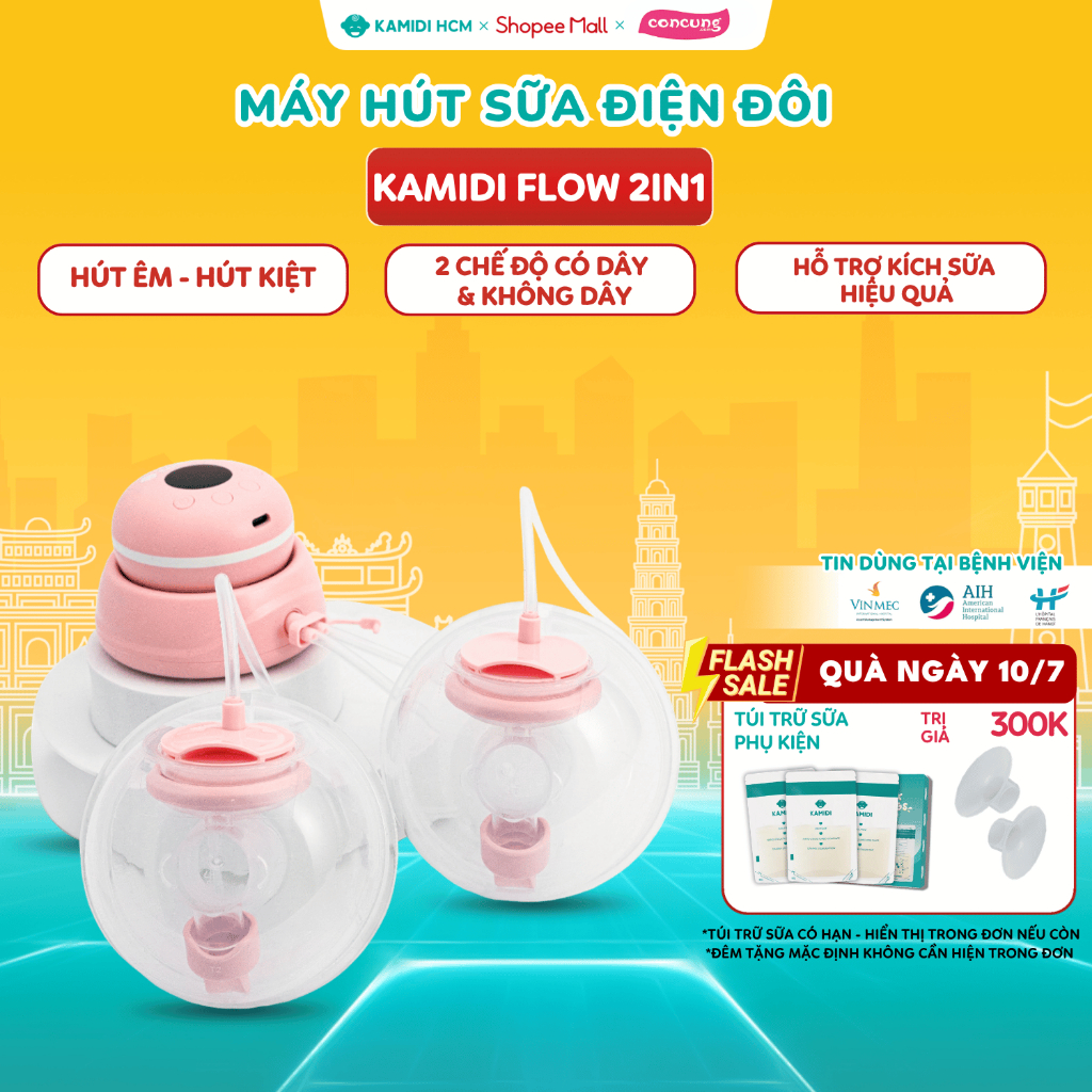 Máy Hút Sữa Điện Đôi Rảnh Tay Kamidi Flow 2IN1 Tích Hợp 2 Chế Độ Điện Đôi Có Dây Và Rảnh Tay
