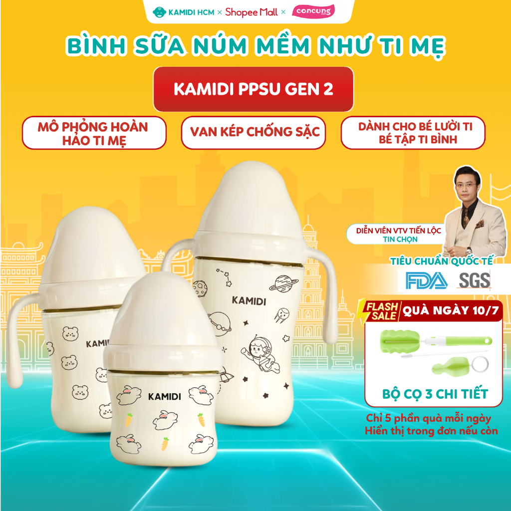 Bình Sữa Kamidi PPSU GEN 2 Nâng Cấp Núm Mềm Mô Phỏng Hoàn Hảo Ti Mẹ Tích Hợp Vạch Báo Nóng