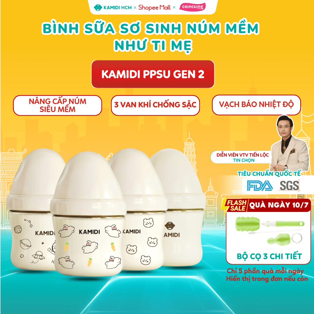 Bình Sữa Sơ Sinh Kamidi PPSU GEN 2 Núm Mềm Mô Phỏng Hoàn Hảo Ti Mẹ 150ml