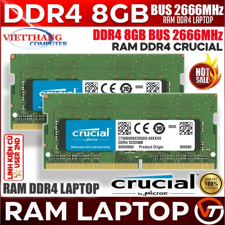 Ram Máy Tính Laptop Crucial 8GB DDR4 Bus 2666 Mhz Dùng cho Laptop Tháo máy còn đẹp ( Cũ - 2nd )