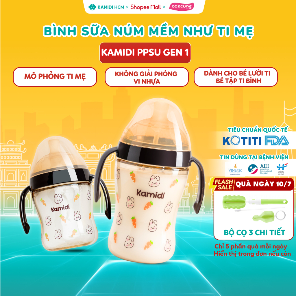 Bình Sữa Cho Bé Kamidi Gen 1 Chất Liệu PPSU Họa Tiết Thỏ Cà Rốt - Dung Tích 210ml/300ml