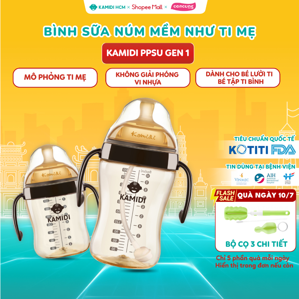 [HỎA TỐC HCM HN] Bình Sữa Kamidi Gen 1 Chất Liệu PPSU Cho Bé Tập Ti - Dung Tích 210ml/300ml