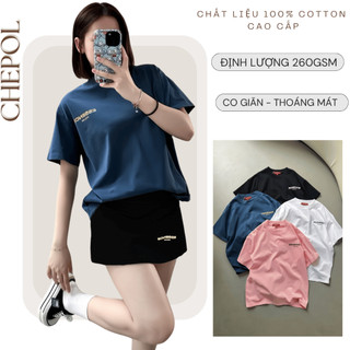 Set Bộ Áo Thun Nữ CHEPOL Form Rộng, Cổ Tròn, Phối Chân Váy Ngắn, In Chữ, Chất Cotton (Áo Phông Hồng + Cv Trắng)-CP_11089