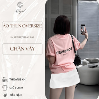 Set Bộ Áo Thun Nữ CHEPOL Form Rộng, Cổ Tròn, Phối Chân Váy Ngắn, In Chữ, Chất Cotton (Áo Phông Hồng + Cv Trắng)-CP_11089