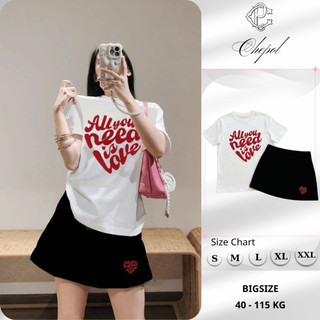 Bộ Áo Phông Nữ Chepol, Form Rộng, In Chữ, Cổ Trái Tim, Phối Chân Váy, Chất Cotton (Áo Thun Trắng+Chân Váy Trắng)CP_11799