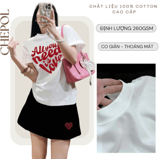 Bộ Áo Phông Nữ Chepol, Form Rộng, In Chữ, Cổ Trái Tim, Phối Chân Váy, Chất Cotton (Áo Thun Trắng+Chân Váy Trắng)CP_11799