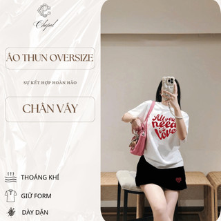 Bộ Áo Phông Nữ Chepol, Form Rộng, In Chữ, Cổ Trái Tim, Phối Chân Váy, Chất Cotton (Áo Thun Trắng+Chân Váy Trắng)CP_11799