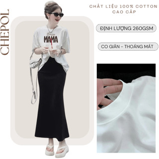 Bộ Áo Phông Nữ Chepol Form Rộng, In Chữ, Cổ Tròn, Phối Chân Váy, Chất Cotton( Áo Thun Trắng + Chân Váy Đuôi Cá)CP_12763
