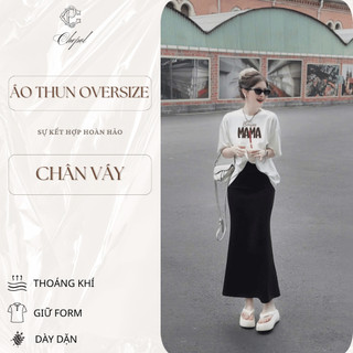Bộ Áo Phông Nữ Chepol Form Rộng, In Chữ, Cổ Tròn, Phối Chân Váy, Chất Cotton( Áo Thun Trắng + Chân Váy Đuôi Cá)CP_12763