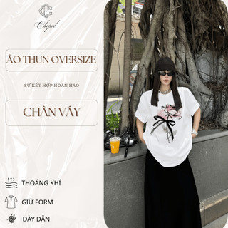 Bộ Áo Phông Nữ Chepol Form Rộng, In Nơ, Cổ Tròn, Phối Chân Váy, Chất Cotton (Áo Thun Trắng + Chân Váy Suông)-CP_10756
