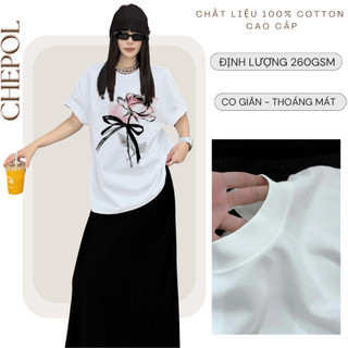 Bộ Áo Phông Nữ Chepol Form Rộng, In Nơ, Cổ Tròn, Phối Chân Váy, Chất Cotton (Áo Thun Trắng + Chân Váy Suông)-CP_10756