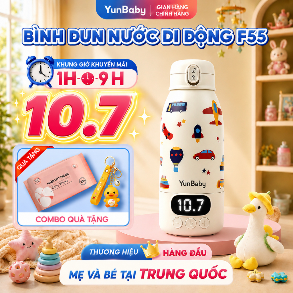 [Bản 2026] Bình đun nước cài nhiệt 35 -100 độ cầm tay di động F55 YunBaby tiện lợi mang theo - BH 3 năm