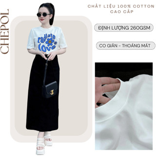 Bộ Áo Phông Nữ Chepol Cao Cấp, Form Rộng, In Chữ, Cổ Tròn, Phối Chân Váy, Chất Cotton (Áo Thun Trắng + CV Suông)CP_11215