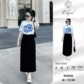 Bộ Áo Phông Nữ Chepol Cao Cấp, Form Rộng, In Chữ, Cổ Tròn, Phối Chân Váy, Chất Cotton (Áo Thun Trắng + CV Suông)CP_11215