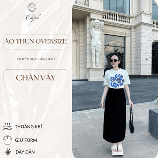 Bộ Áo Phông Nữ Chepol Cao Cấp, Form Rộng, In Chữ, Cổ Tròn, Phối Chân Váy, Chất Cotton (Áo Thun Trắng + CV Suông)CP_11215