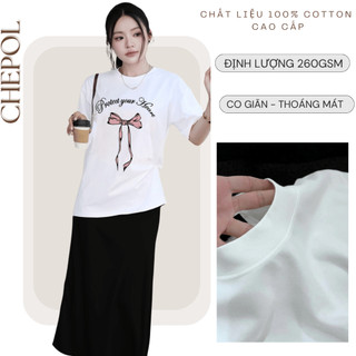 Bộ Áo Phông Nữ Chepol Cao Cấp Form Rộng, In Nơ, Cổ Tròn, Phối Chân Váy, Chất Cotton ( Áo Thun Trắng+ CV Suông )-CP_x7862