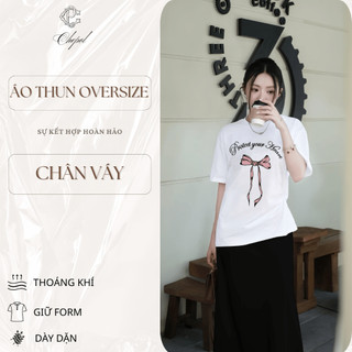 Bộ Áo Phông Nữ Chepol Cao Cấp Form Rộng, In Nơ, Cổ Tròn, Phối Chân Váy, Chất Cotton ( Áo Thun Trắng+ CV Suông )-CP_x7862
