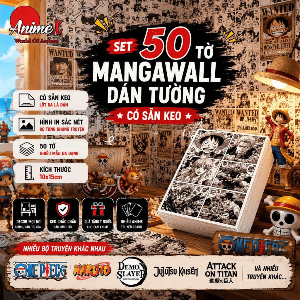 Combo 50 Tờ Giấy Dán Tường Anime A6 Có Keo Set Manga Wall Trang Trí Bàn Học AnimeX