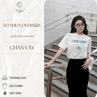 Bộ Áo Phông Nữ Chepol Form Rộng, In Chữ, Cổ Tròn, Phối Chân Váy, Chất Cotton( Áo Thun Trắng + Chân Váy Đuôi Cá )CP_10398
