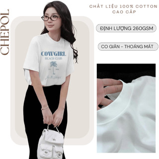Bộ Áo Phông Nữ Chepol Form Rộng, In Chữ, Cổ Tròn, Phối Chân Váy, Chất Cotton( Áo Thun Trắng + Chân Váy Đuôi Cá )CP_10398