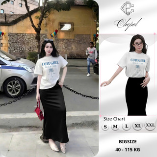 Bộ Áo Phông Nữ Chepol Form Rộng, In Chữ, Cổ Tròn, Phối Chân Váy, Chất Cotton( Áo Thun Trắng + Chân Váy Đuôi Cá )CP_10398