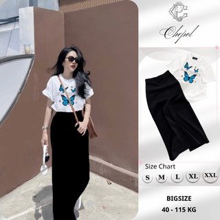 Bộ Áo Phông Nữ Chepol Cao Cấp, Form Rộng, In Chữ, Cổ Tròn, Phối Chân Váy, Chất Cotton( Áo Thun Trắng + CV Suông)CP_x5434