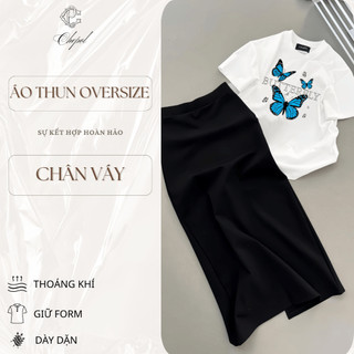 Bộ Áo Phông Nữ Chepol Cao Cấp, Form Rộng, In Chữ, Cổ Tròn, Phối Chân Váy, Chất Cotton( Áo Thun Trắng + CV Suông)CP_x5434