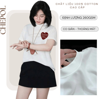 Bộ Áo Phông Nữ Chepol Cao Cấp, Form Rộng, In Chữ, Cổ Tròn, Phối Chân Váy, Chất Cotton( Áo Thun Trắng + CV Ngắn )CP_x8183