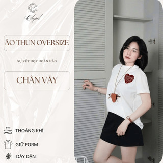 Bộ Áo Phông Nữ Chepol Cao Cấp, Form Rộng, In Chữ, Cổ Tròn, Phối Chân Váy, Chất Cotton( Áo Thun Trắng + CV Ngắn )CP_x8183