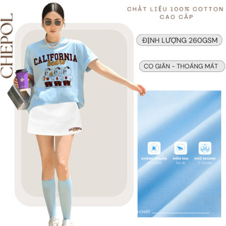 Bộ Áo Phông Nữ Chepol Form Rộng, In Chữ, Cổ Tròn, Phối Chân Váy, Chất Cotton( Áo Thun Xanh Biển + CV Ngắn )CP_10438