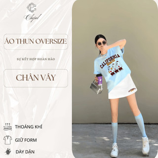 Bộ Áo Phông Nữ Chepol Form Rộng, In Chữ, Cổ Tròn, Phối Chân Váy, Chất Cotton( Áo Thun Xanh Biển + CV Ngắn )CP_10438