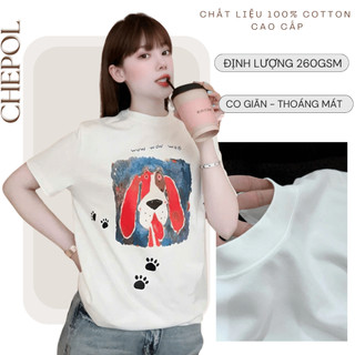 Áo thun Nữ CHEPOL Cao Cấp, Form Vừa, In Dog, Áo Phông Tay Ngắn, Cổ Tròn, Chất Cotton 4 Chiều, Có Bigsize 100kg- 379 (QN)