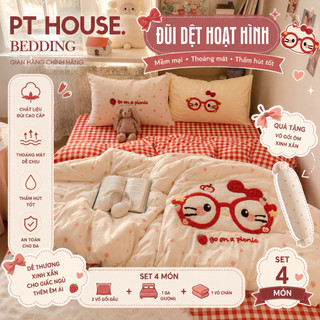 [Tặng Vỏ Ôm Mở Bán] Set 4 Món Chăn Ga Gối Đũi Thêu Xù Vintage Xinh Yêu Cho Gia Đình - Decor Phòng Ngủ Dễ Thương, Mát Mẻ