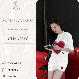 Bộ Áo Phông Nữ Chepol Form Rộng, In Trái Tim, Cổ Tròn, Quần Đùi, Chất Cotton( Áo Thun Trắng + Quần Đùi Trắng )CP_10643