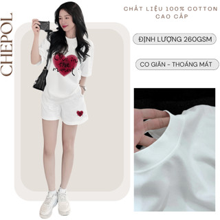 Bộ Áo Phông Nữ Chepol Form Rộng, In Trái Tim, Cổ Tròn, Quần Đùi, Chất Cotton( Áo Thun Trắng + Quần Đùi Trắng )CP_10643