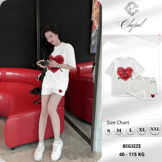 Bộ Áo Phông Nữ Chepol Form Rộng, In Trái Tim, Cổ Tròn, Quần Đùi, Chất Cotton( Áo Thun Trắng + Quần Đùi Trắng )CP_10643
