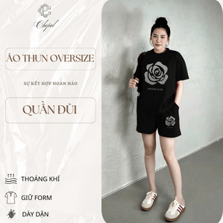 Bộ Áo Phông Nữ Chepol Cao Cấp, Form Rộng, In Hoa, Cổ Tròn, Phối Chân Váy, Chất Cotton ( Áo Thun Đen + Quần Đùi )CP_x5391