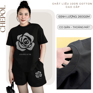 Bộ Áo Phông Nữ Chepol Cao Cấp, Form Rộng, In Hoa, Cổ Tròn, Phối Chân Váy, Chất Cotton ( Áo Thun Đen + Quần Đùi )CP_x5391
