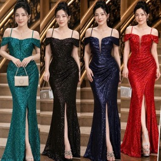 Đầm dạ hội kim sa rối bẹt vai lưới ngực tko
