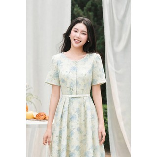 Đầm dáng xoè dài LAMER cổ V cộc tay, váy đầm công sở đai nơ eo Mchic O63L26H029